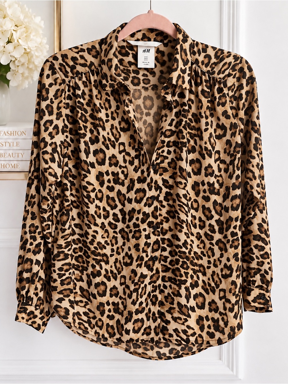 H&M Leopard Print Button-Down Shirt in Tan and Black